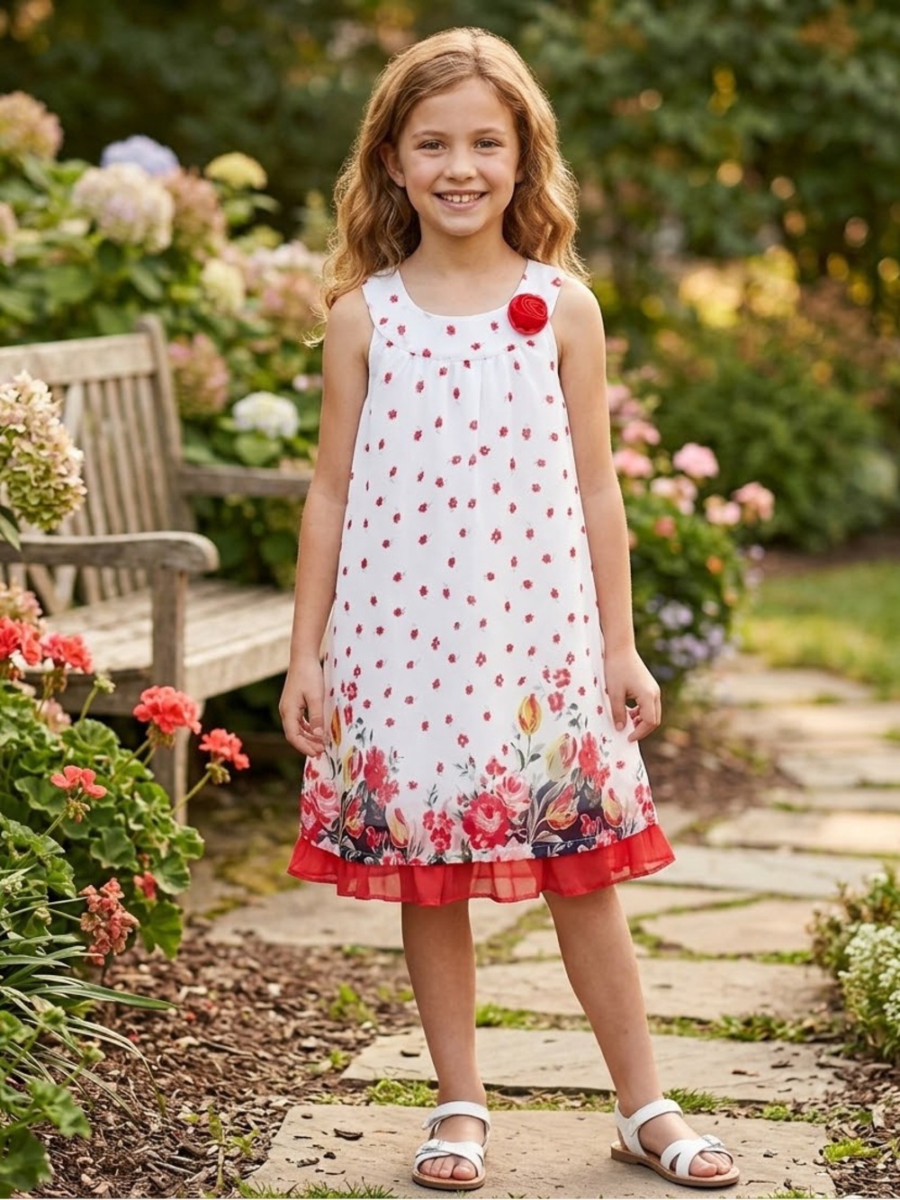 Blueberi Boulevard White and Red Floral Sleeveless Dress